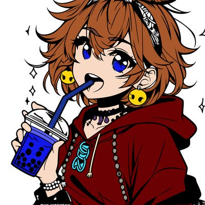 hot baddie anime girl drinking boba and biting the straw
