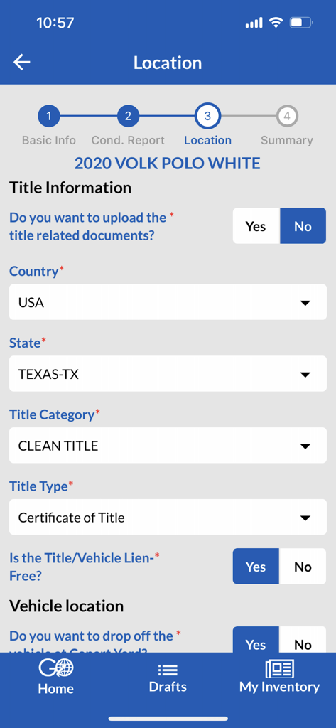 Interface of the Copart GO app showing the location and title information step for a vehicle listing.