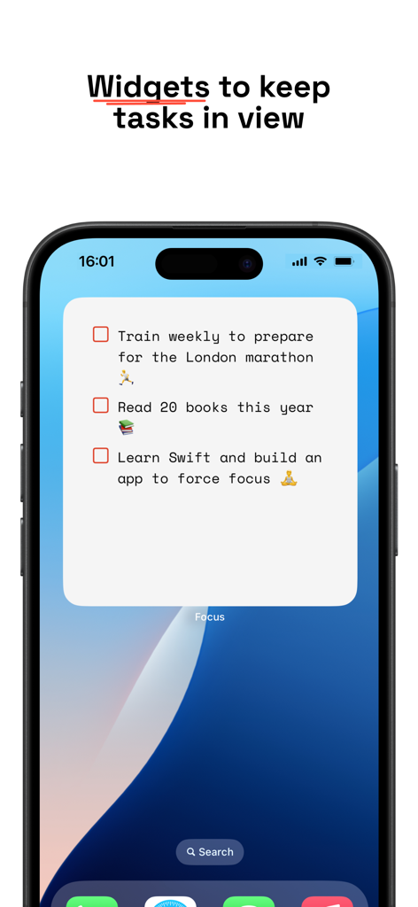 Focus: To Do - Focus To Do app home screen widget displaying a list of personal tasks on an iPhone