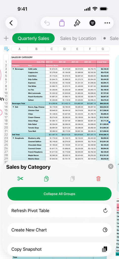 Numbers: Make Spreadsheets - A pivot table in the Apple Numbers app showing sales by category with options to collapse groups and refresh data.