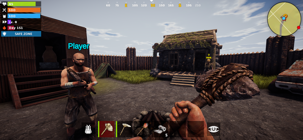 Just Survival Multiplayer - First person view of a player character holding a primitive stone weapon in a wooden base during Just Survival Multiplayer gameplay.