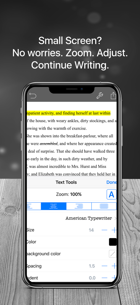 Editor di testo mobile Scrivo 4 che mostra strumenti di formattazione e regolazioni dello zoom su un iPhone