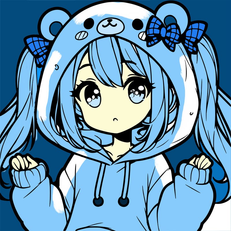 cute anime girl with ponytails and a cute bear hoodie