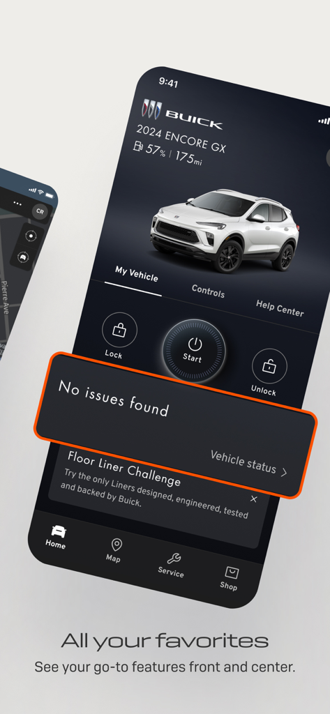 myBuick app interface showing 2024 Encore GX vehicle status and remote control buttons