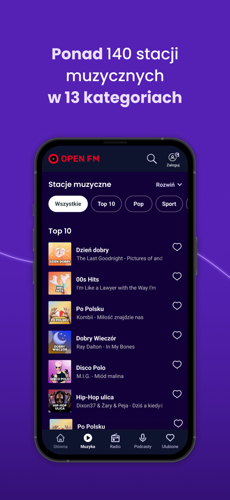 Open FM - Mobile app interface of Open FM showing a list of top 10 Polish music stations and categories.