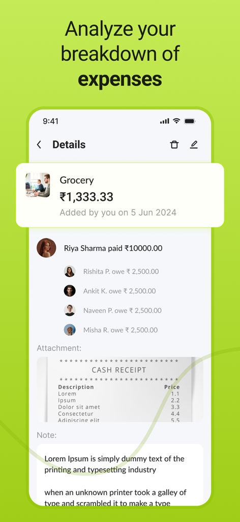 Settle up & Split rent: Splito - Una interfaz móvil de la aplicación Splito que muestra un desglose detallado de los gastos de comestibles con saldos individuales y un recibo escaneado adjunto.