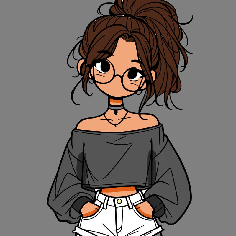 girl with a messy ponytail glasses a baggy crop top and jean shorts