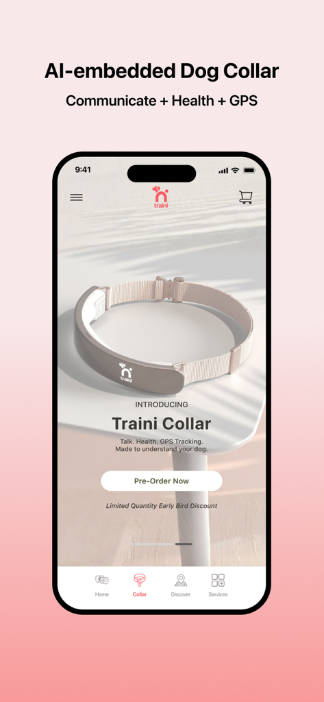 Pantalla de la aplicación Traini que presenta el collar para perros con IA para comunicación y rastreo GPS