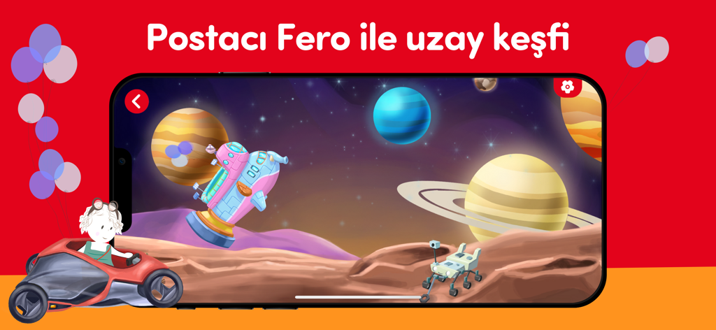 Interfaz de la aplicación educativa para niños que muestra un juego de exploración espacial con planetas y un cohete