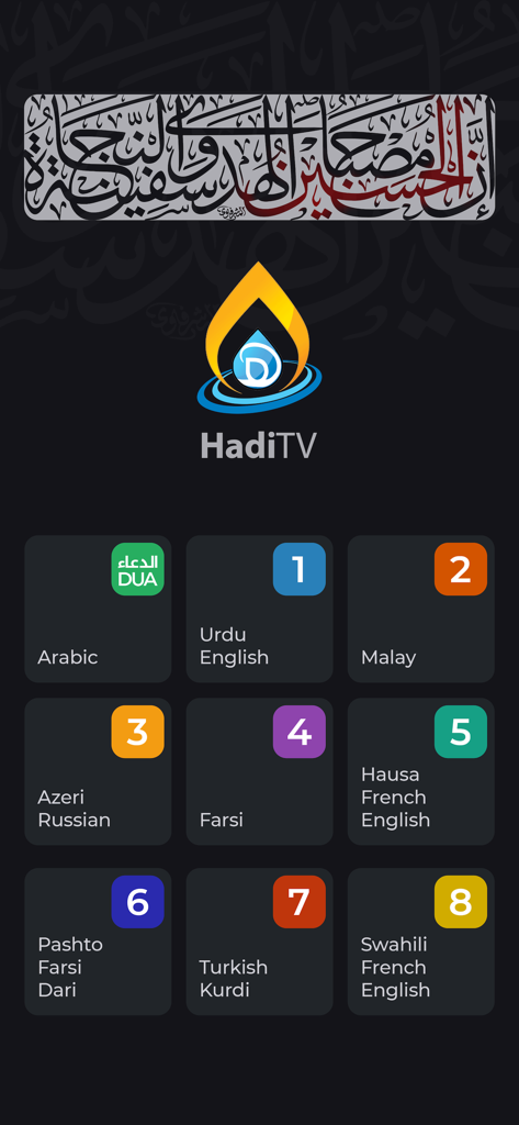 Hadi TV Channels - Hadi TV app main screen featuring a menu of religious channels available in multiple languages.
