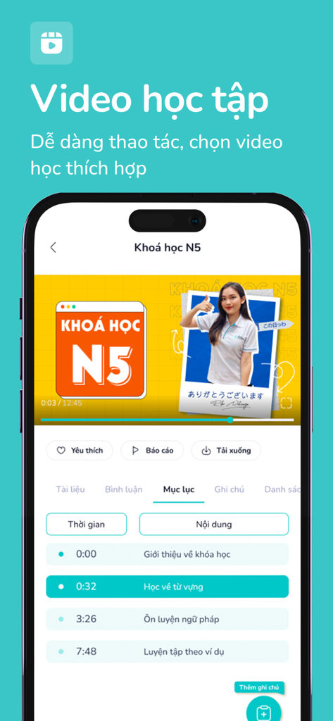 Riki - Interface móvel do aplicativo Riki mostrando uma videoaula de língua japonesa com uma lista de conteúdo para vocabulário e gramática.