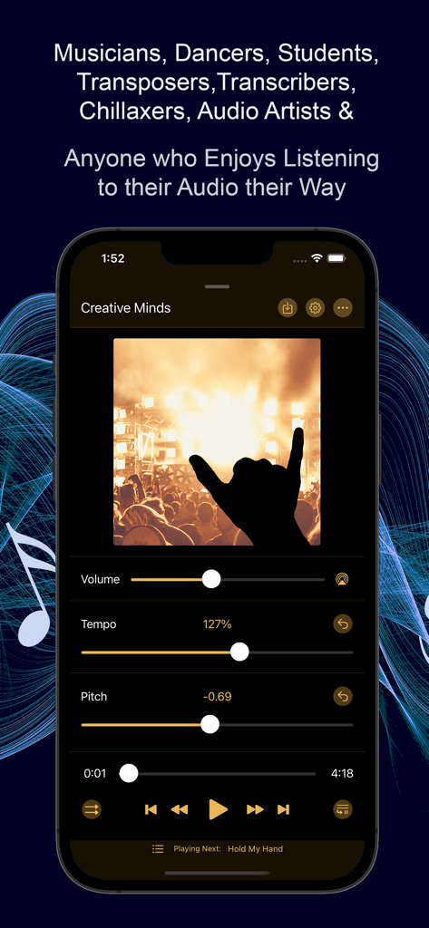 Interfaz de la aplicación móvil que muestra deslizadores de ajuste de tempo y tono para la reproducción de audio