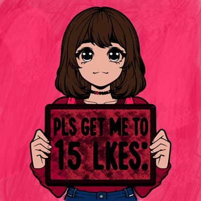 realistic girl holding up a sign that says “pls get me to 15 likes!”