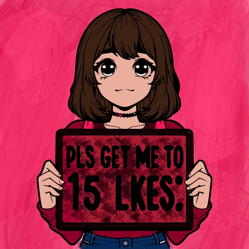 realistic girl holding up a sign that says “pls get me to 15 likes!”