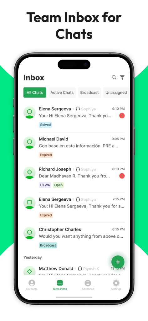 Interface of the WATI mobile app showing the shared team inbox for WhatsApp Business chats.