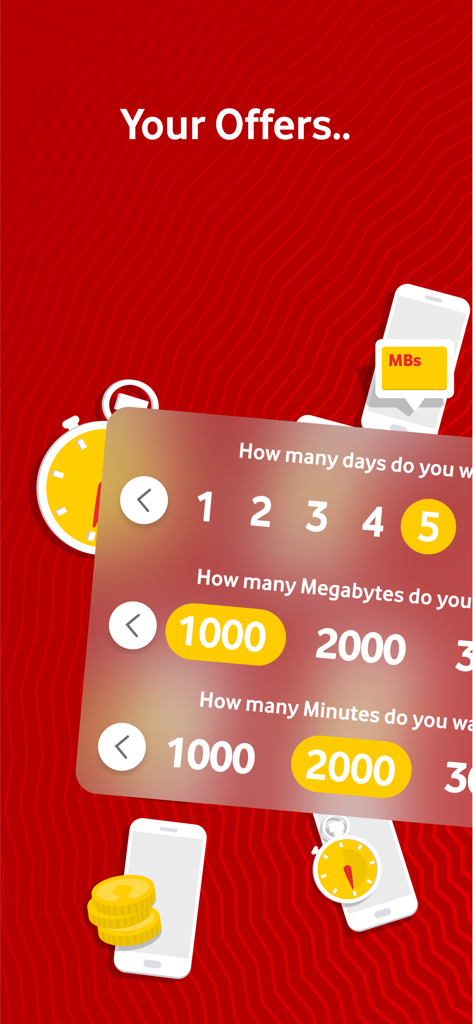 Ana Vodafone app interface showing a customization panel for mobile plan offers including days, megabytes, and minutes.