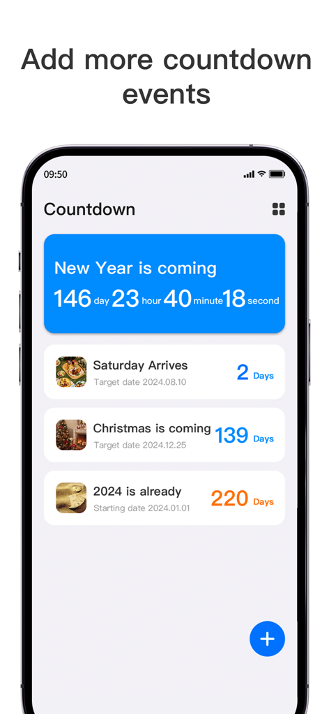 Countdown：Widget & Day Counter - A mobile app interface displaying a list of countdown events for New Year and Christmas.