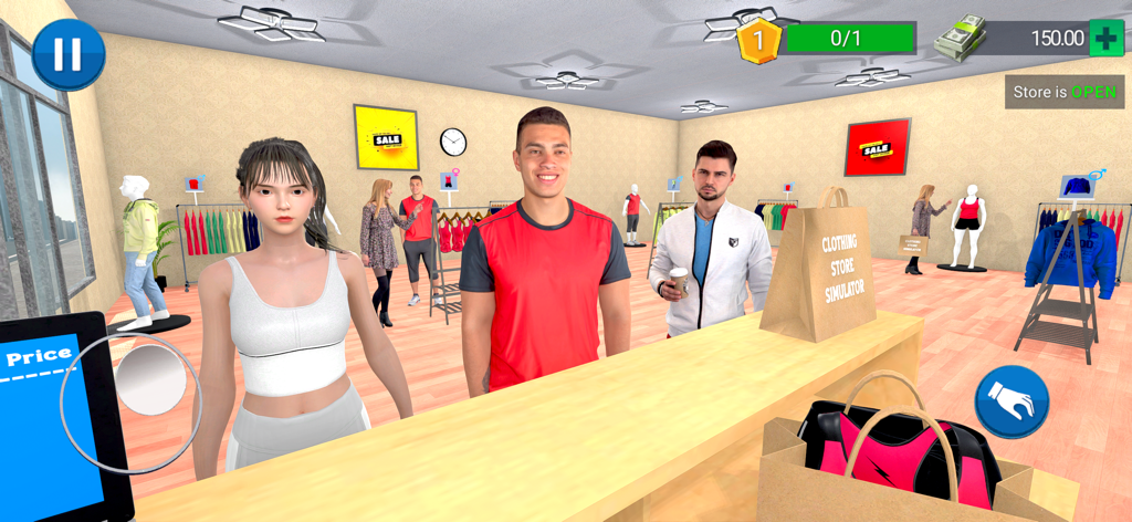 Clothing Store Simulator Game - Checkout counter view in the Clothing Store Simulator Game with customers in line.