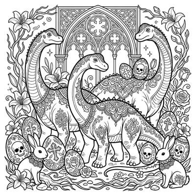 Dive into a delightfully dark Easter celebration with this unique coloring page featuring ornate sauropod dinosaurs. Discover a whimsical blend of ancient creatures, Gothic aesthetics, and festive spring elements, perfect for an unconventional coloring experience.