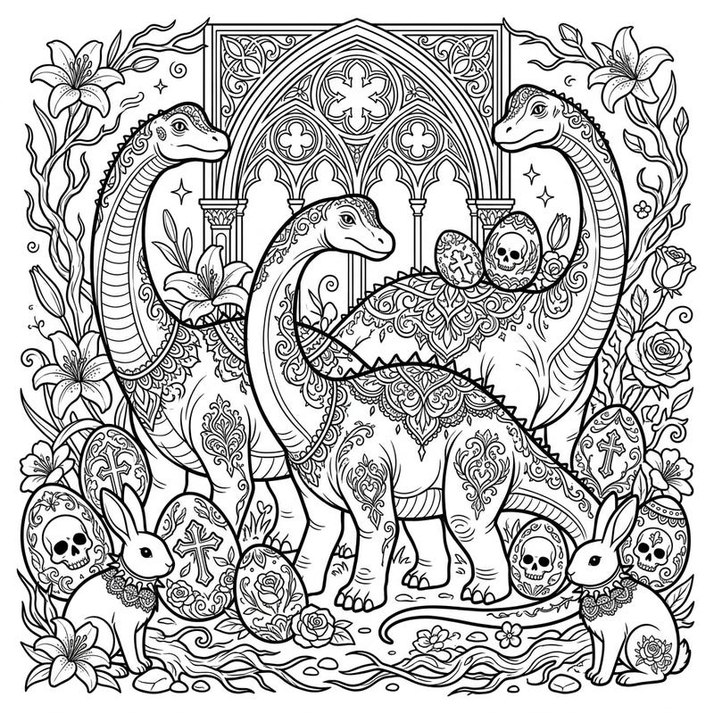 Dive into a delightfully dark Easter celebration with this unique coloring page featuring ornate sauropod dinosaurs. Discover a whimsical blend of ancient creatures, Gothic aesthetics, and festive spring elements, perfect for an unconventional coloring experience.