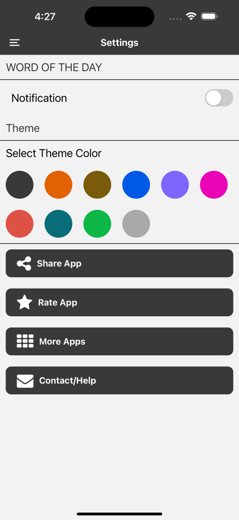 Civil Engineering Terms - The settings screen of the Civil Engineering Terms app showing theme color options and notification settings.