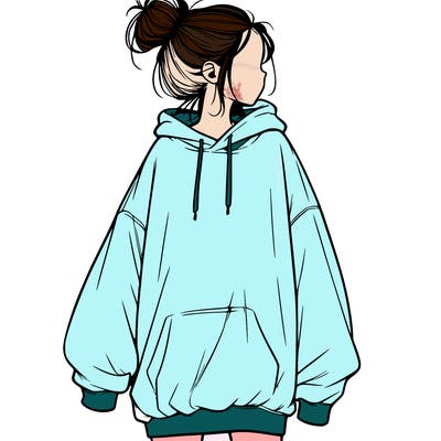 realistic girl with a oversized sweatshirt on and a bun