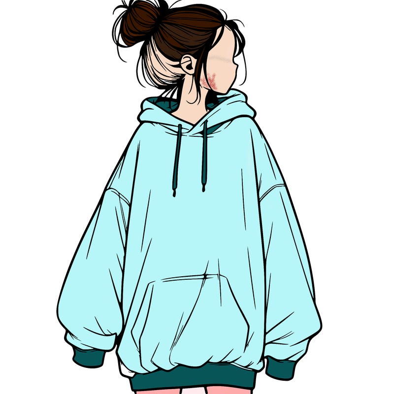 realistic girl with a oversized sweatshirt on and a bun