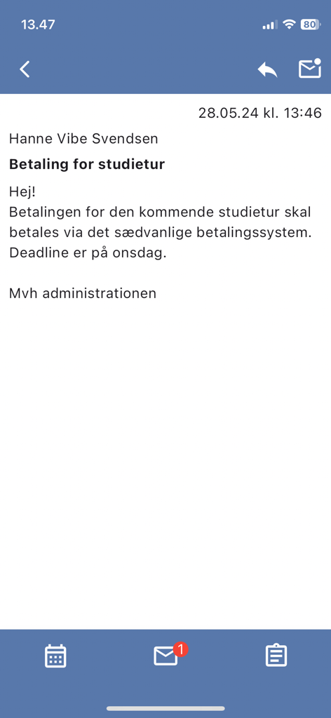 EG LUDUS Mobile - Interfaz de la aplicación EG LUDUS Mobile que muestra un mensaje escolar sobre el pago de una excursión.
