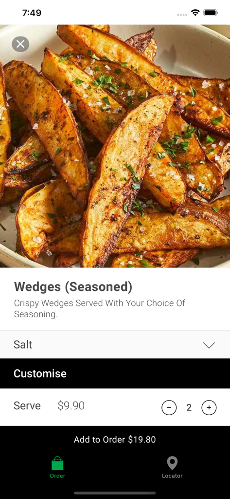 Juanita’s Gourmet Pizza - Mobile app menu screen showing crispy seasoned potato wedges with customization options
