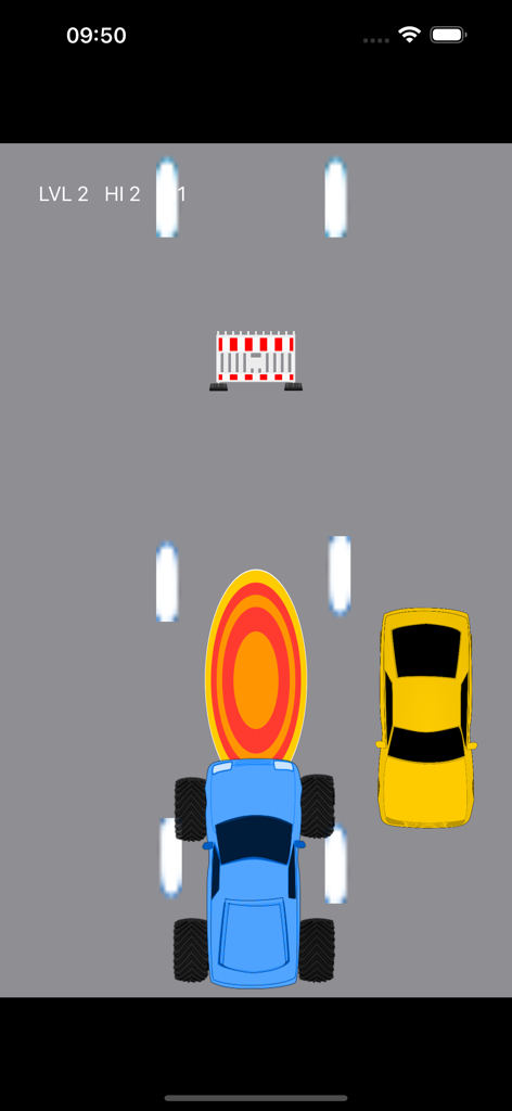 Monster Trucks: Car Smash Race - Top down view of a blue monster truck racing on a highway next to a yellow car