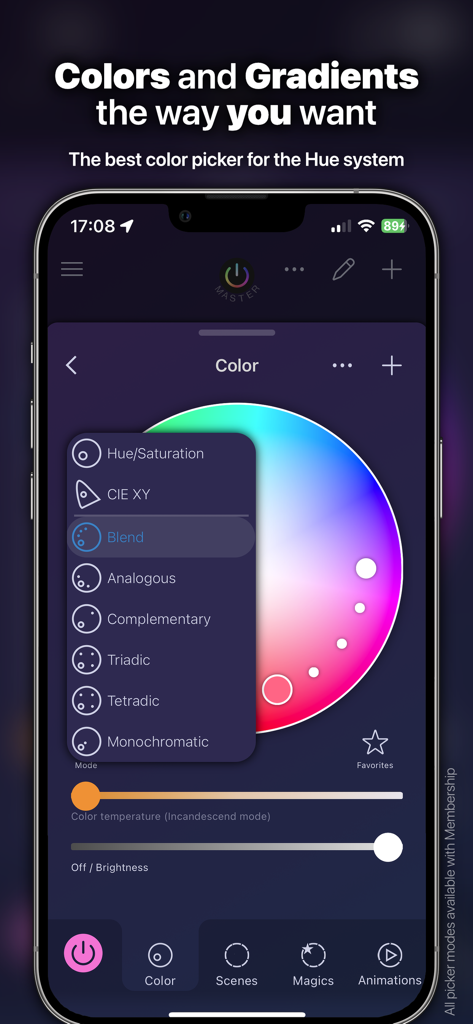 iConnectHue for Philips Hue - The iConnectHue app interface showing an advanced color wheel and gradient selection modes on an iPhone.