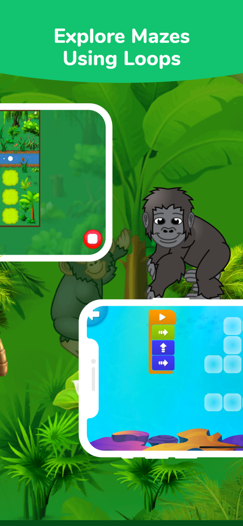Tynker Junior: Coding for Kids - Interfaz de la aplicación Tynker Junior que enseña a los niños bucles de codificación con laberintos de jungla y un gorila