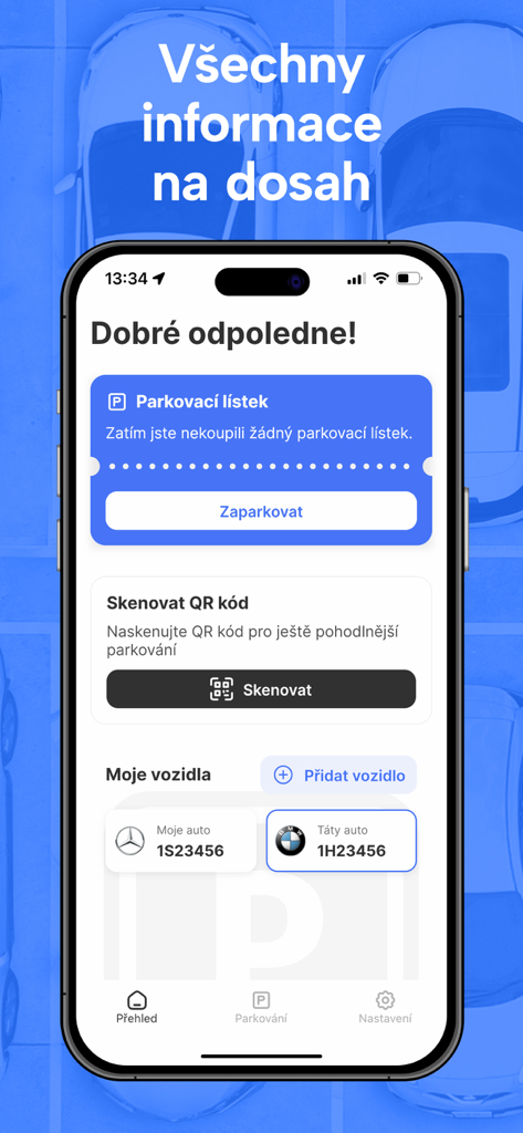 ParkSimply - Dashboard of the ParkSimply mobile app showing parking options and vehicle management in Czech