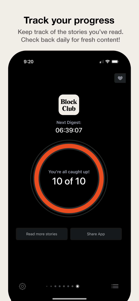 Block Club Chicago app screen showing a progress tracker with ten out of ten news stories read