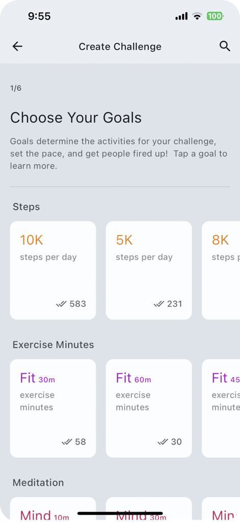 Count.It Journey - The goal selection screen of the Count.It Journey app showing options for daily steps, exercise minutes, and meditation sessions.