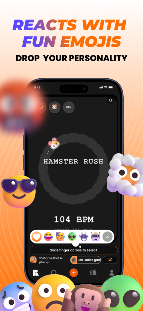 Rezona app interface showing a mini-game called Hamster Rush with various emoji reactions and colorful stickers.