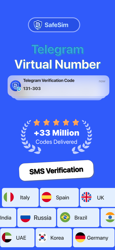 Interfaz de la aplicación SafeSim para números virtuales de Telegram y códigos de verificación SMS con banderas de países globales