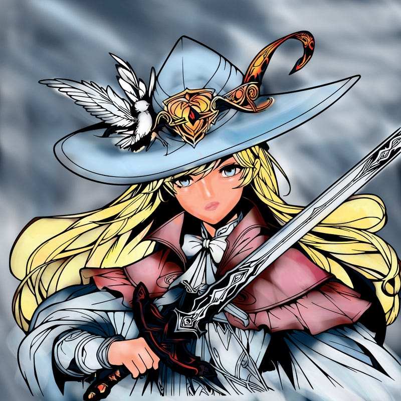 a realistic fantasy manga queen witch with a sword