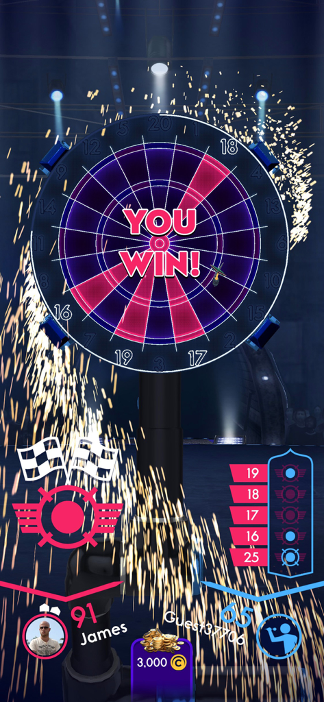 Darts of Fury: PvP Multiplayer - Un mensaje de Has ganado mostrado sobre una diana de neón con chispas de celebración en una partida PvP de Darts of Fury.