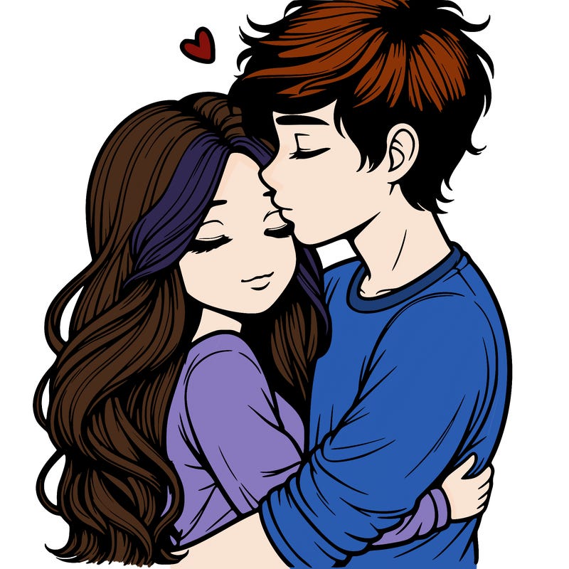a realistic couple boy and girl hugging and kissing