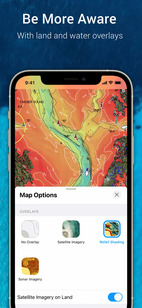 Navionics Boating app showing relief shading overlay for detailed underwater topography
