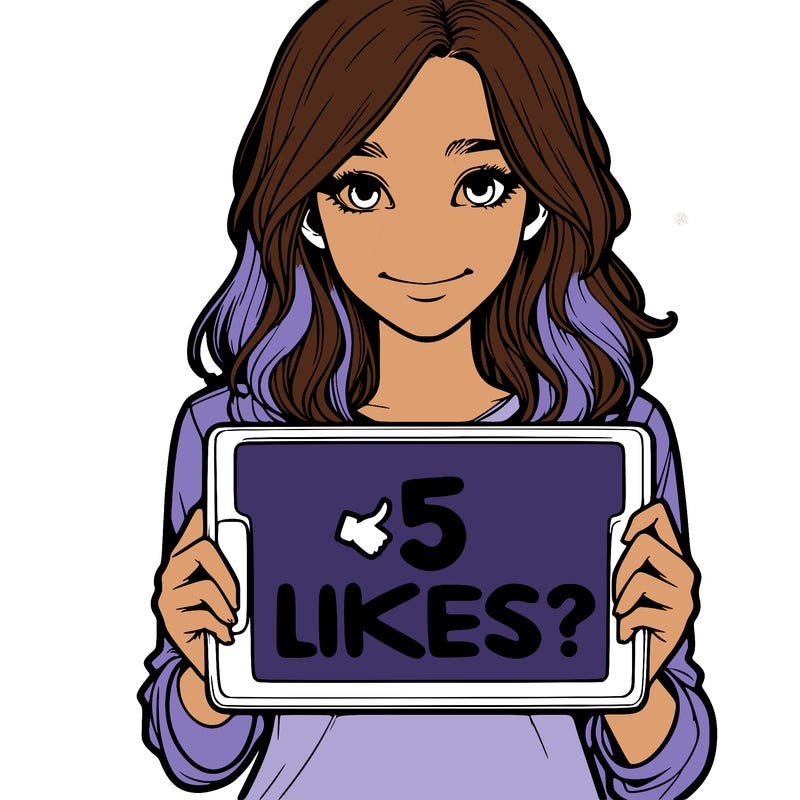 a realistic girl holding a sign saying 5 likes?