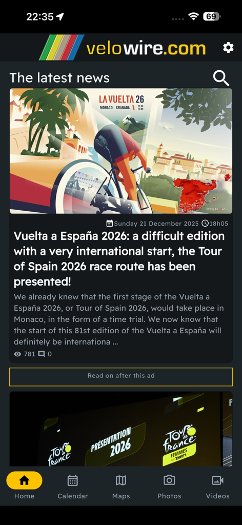 velowire - Home screen of the velowire app displaying the latest professional cycling news