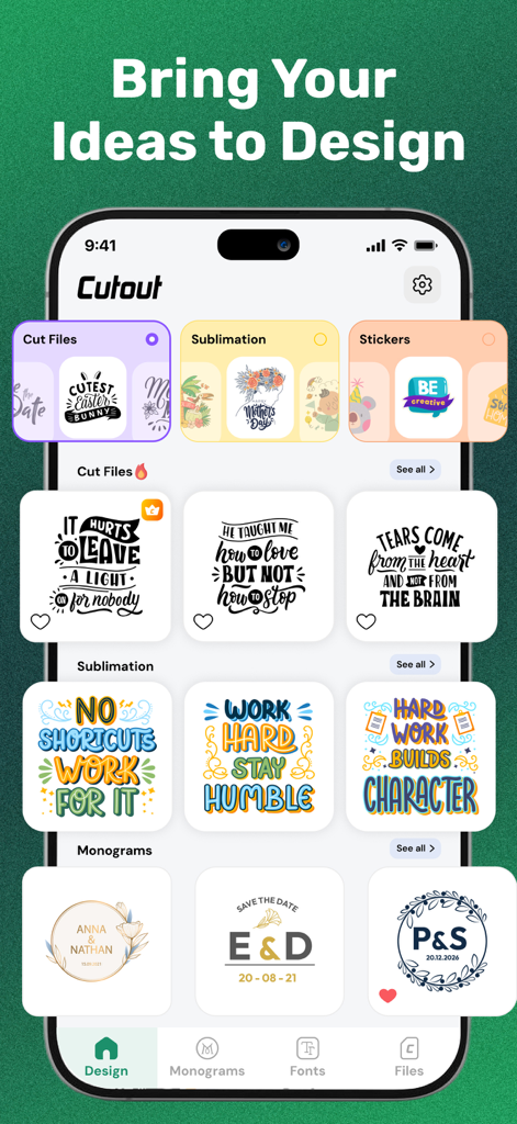 Cutout-Design Space for Cricut - Interface do aplicativo Cutout exibindo várias categorias de design, incluindo arquivos de corte, adesivos de sublimação e monogramas personalizados para usuários Cricut