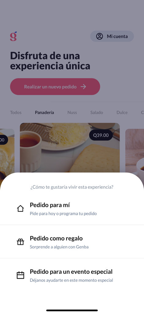 Genba - Interfaz de la aplicación móvil de Genba mostrando opciones para realizar un pedido para ti, como regalo o para un evento especial.