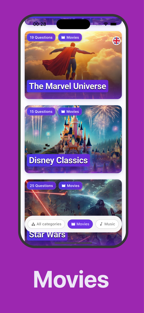 Quiz from Quizery - Interfaz de la aplicación Quiz de Quizery mostrando paquetes de trivia con temas de películas para el Universo Marvel, Clásicos de Disney y Star Wars