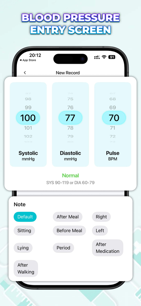 Vitaria: Blood Tracker - Écran d'enregistrement de la tension artérielle de l'application Vitaria montrant les lectures systoliques et diastoliques avec les notes sur le pouls et l'activité