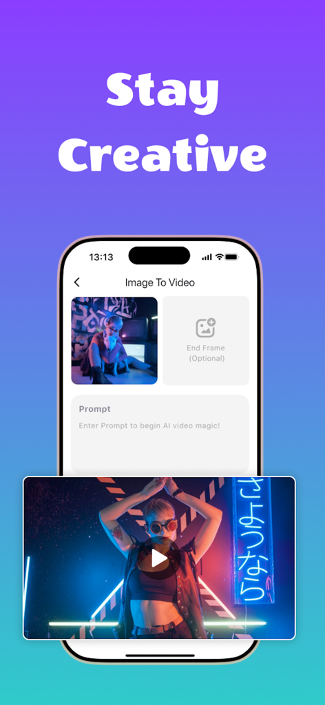 Interface of the Remaker AI app showing the Image to Video generation feature with the headline Stay Creative.