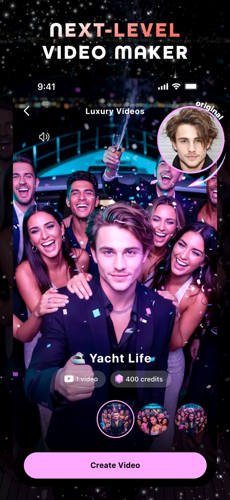 AI Maker: Photo Art Generator - Interfaz de la app que muestra el generador de video de IA con temática de fiesta en un yate de lujo y función de intercambio de caras.