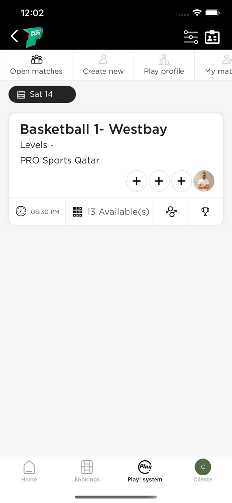 Pro Sports Qatar - Pro Sports Qatar app interface showing open basketball matches and player availability in Westbay
